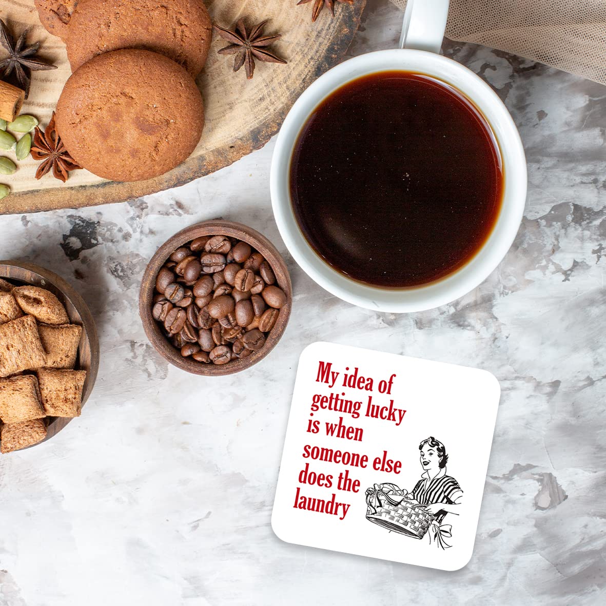 CS584 My idea of getting lucky is when someone else does the laundry Novelty Funny Coffee Tea Drink Gift Glossy MDF Wooden Coaster