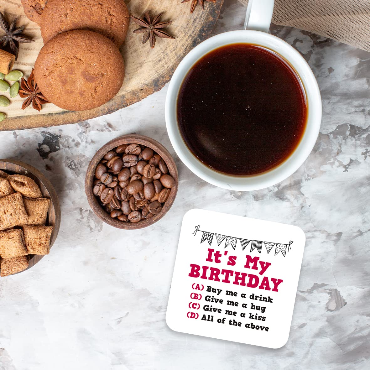 CS526 It's My Birthday/Buy me a Drink/give me a Hug/give me a kiss Novelty Funny Coffee Tea Drink Gift Glossy MDF Wooden Coaster