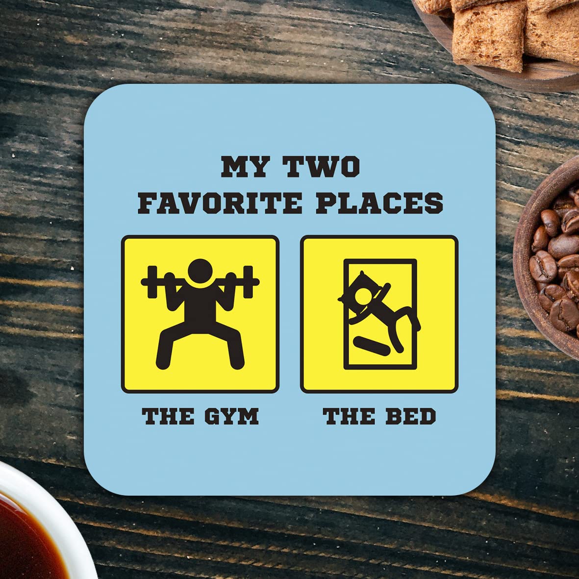 CS651 My Two Favourite Places The Gym The Bed Novelty Funny Coffee Tea Drink Gift Glossy MDF Wooden Coaster