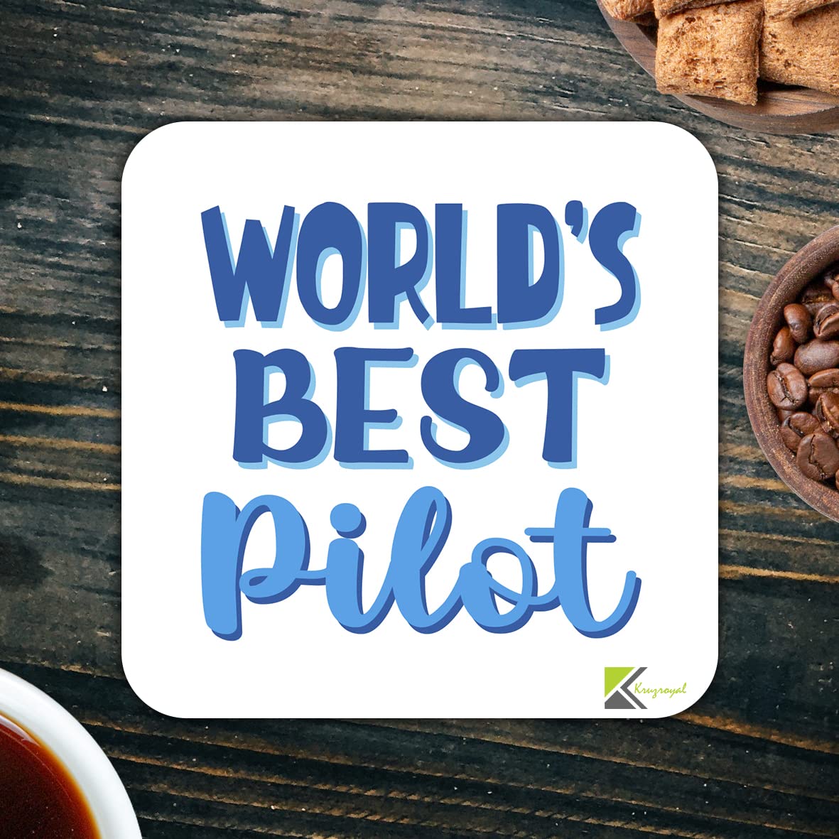 WB085 World's Best Pilot MDF Wooden Coaster by Kruzroyal | Gift for Pilot | Unique Novelty Present | 9cm x 9cm | Coffee Tea MDF Wooden Coaster