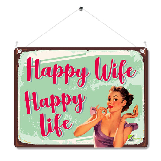 Kruzroyal Happy Wife Happy Life Metal Wall Sign, Retro Vintage Home Decor Plaque, Funny Novelty Tin Sign for Kitchen Bedroom or Pub, 20x15cm