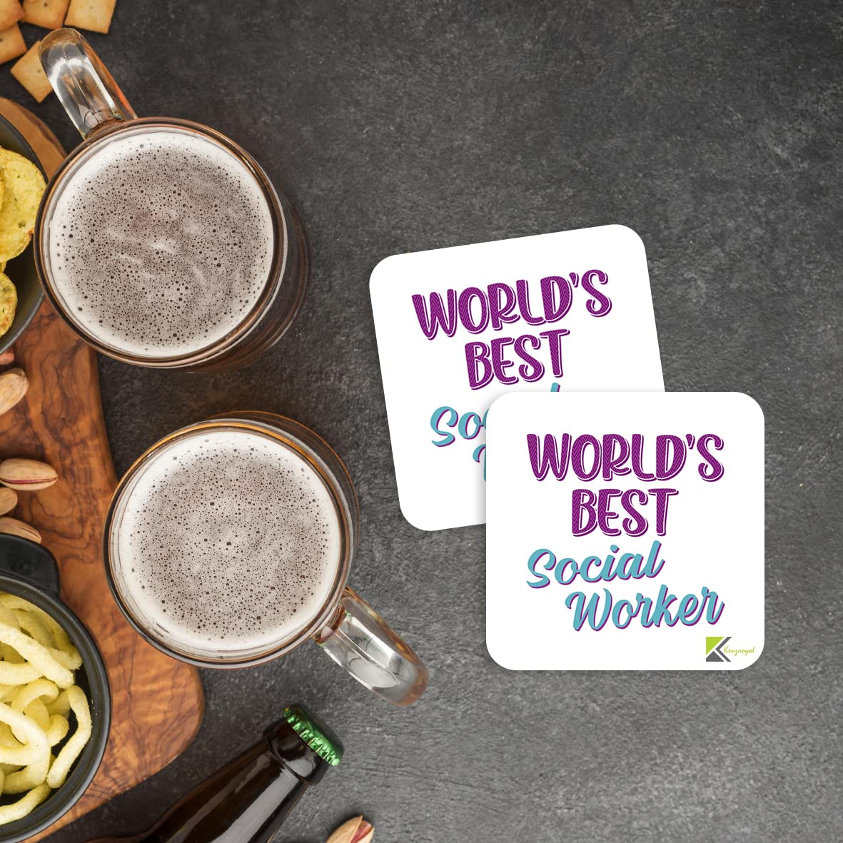 WB053 World's Best Social Worker MDF Wooden Coaster by Kruzroyal | Gift for Social Worker | Unique Novelty Present | 9cm x 9cm | Coffee Tea MDF Wooden Coaster