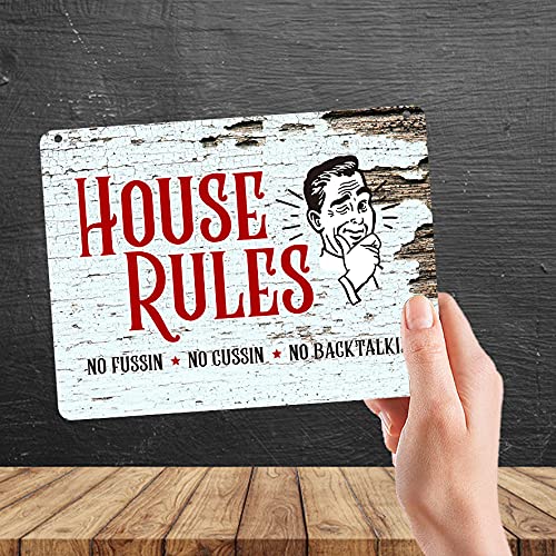 Kruzroyal MP425 House Rules : No fussin - No cussin - No backtalkin Funny Novelty Retro Vintage Metal Wall Sign Plaque 20cm x 15cm