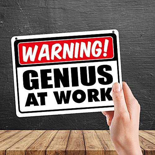 Kruzroyal MP346 WARNING!, Genius at work. Funny Novelty Retro Vintage Metal Wall Sign Plaque 20cm x 15cm