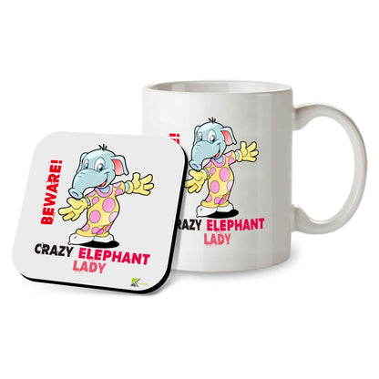 Kruzroyal SM039 Beware Crazy Elephant Lady - 11OZ Mug & Matching Coaster Set