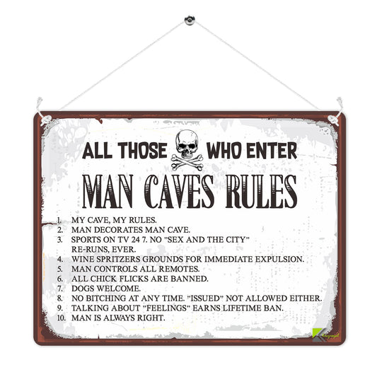 MP267 Man Cave Rules Funny Novelty Retro Vintage Metal Wall Sign Plaque 20cm x 15cm