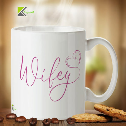 Kruzroyal Wifey Mug, Elegant Pink Script with Heart Design, Romantic Wedding or Engagement Gift for Her, Bride to Be, White Ceramic Coffee Cup, 11 oz