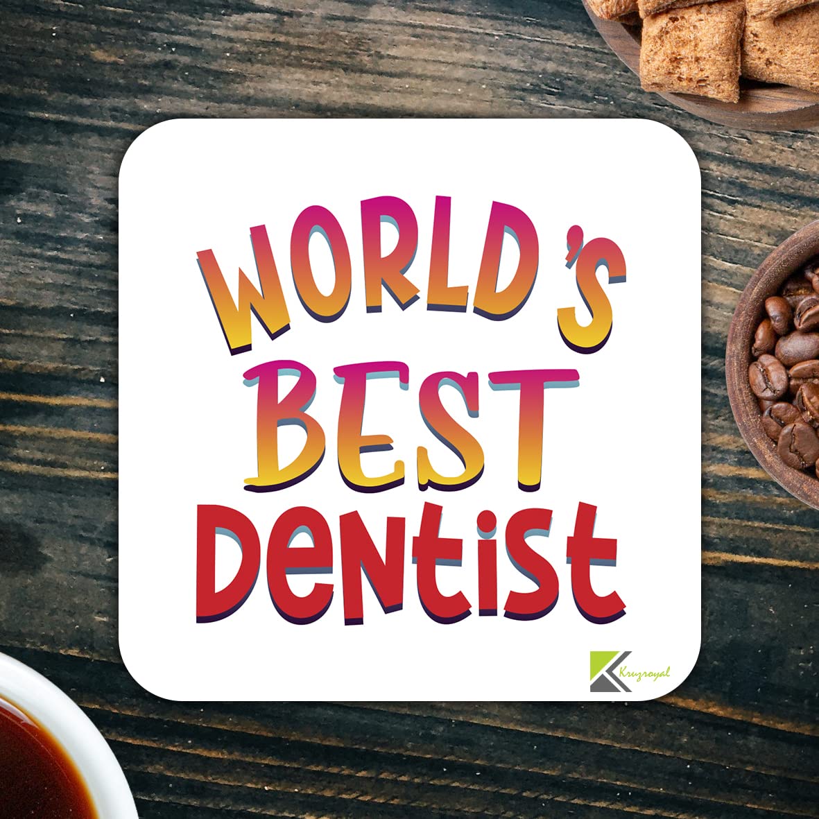 WB059 World's Best Dentist MDF Wooden Coaster by Kruzroyal | Gift for Dentist | Unique Novelty Present | 9cm x 9cm | Coffee Tea MDF Wooden Coaster