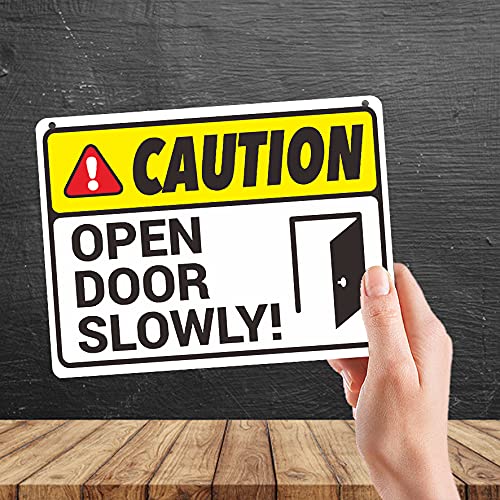 Kruzroyal MP455 Caution : Open Door Slowly - 2 Funny Novelty Retro Vintage Metal Wall Sign Plaque 20cm x 15cm
