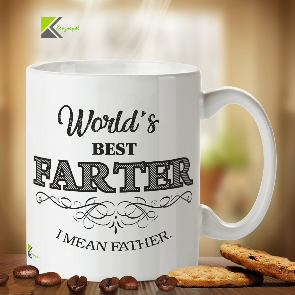 Kruzroyal Funny Farter Mug, World's Best Farter I Mean Father Design, Novelty Gag Gift for Dad or Husband, White Ceramic Coffee Tea Cup, 11 oz DZ142