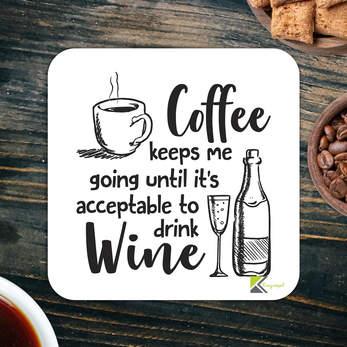 CS357 Coffee keeps me going until it's acceptable to drink wine Novelty Funny Coffee Tea Drink Gift Glossy MDF Wooden Coaster | Gifts for Women, Mum, Her, Friend | Birthday Present