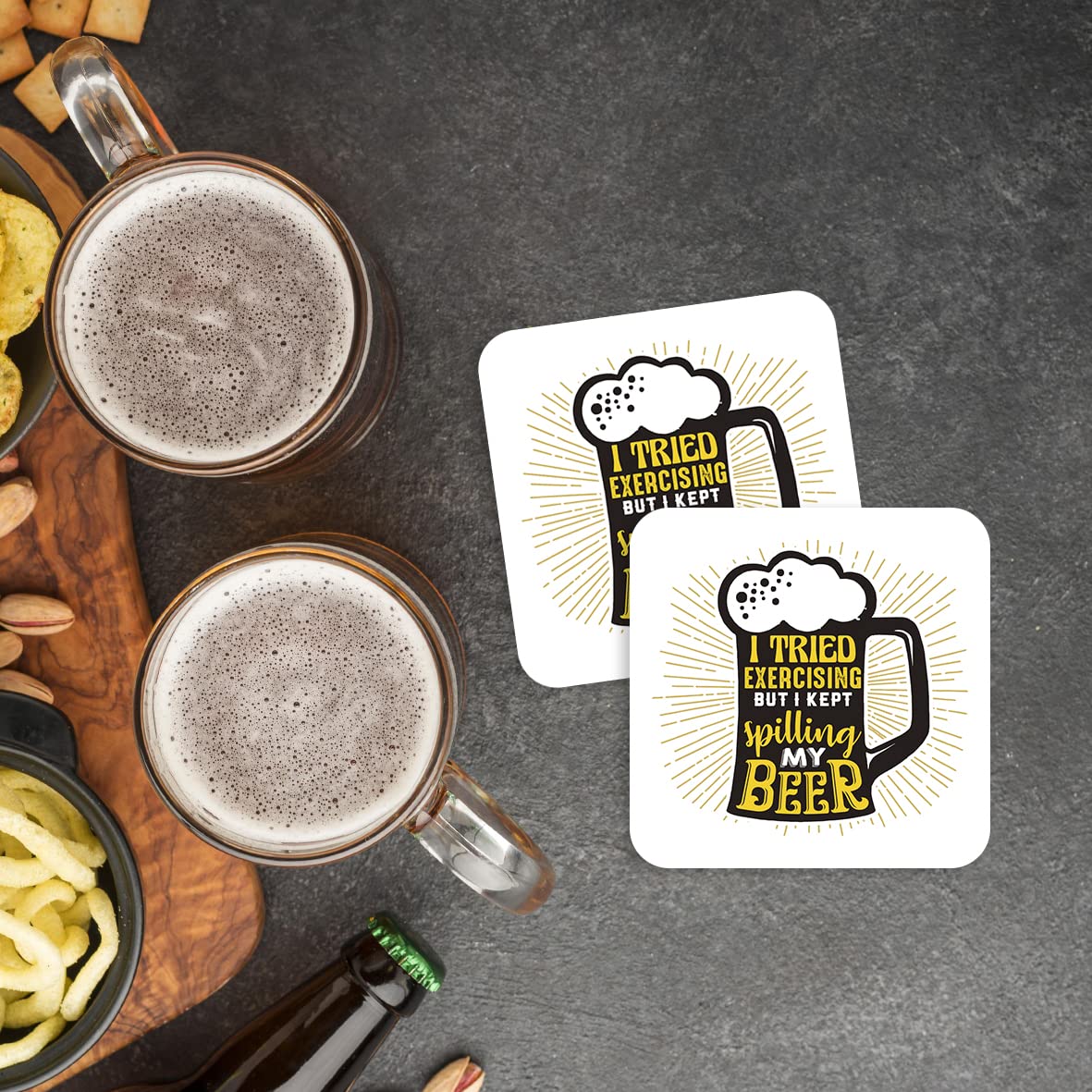 CS440 I Tried Exercising but i Kept Spilling My Beer Novelty Funny Coffee Tea Drink Gift Glossy MDF Wooden Coaster