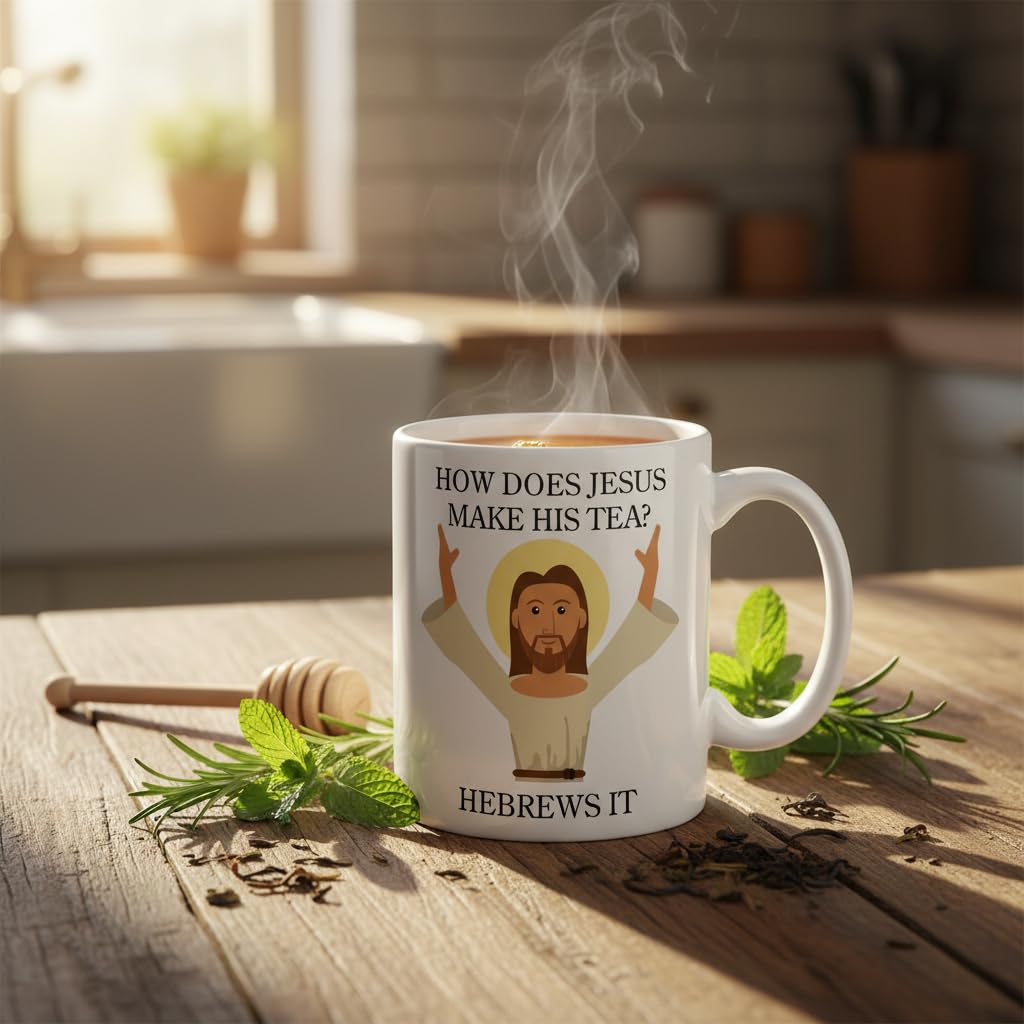 Kruzroyal Funny Jesus Mug - How Does Jesus Make His Tea? Hebrews It - Novelty Tea Coffee Mug, Funny Christian Gift, Secret Santa, Birthday Present