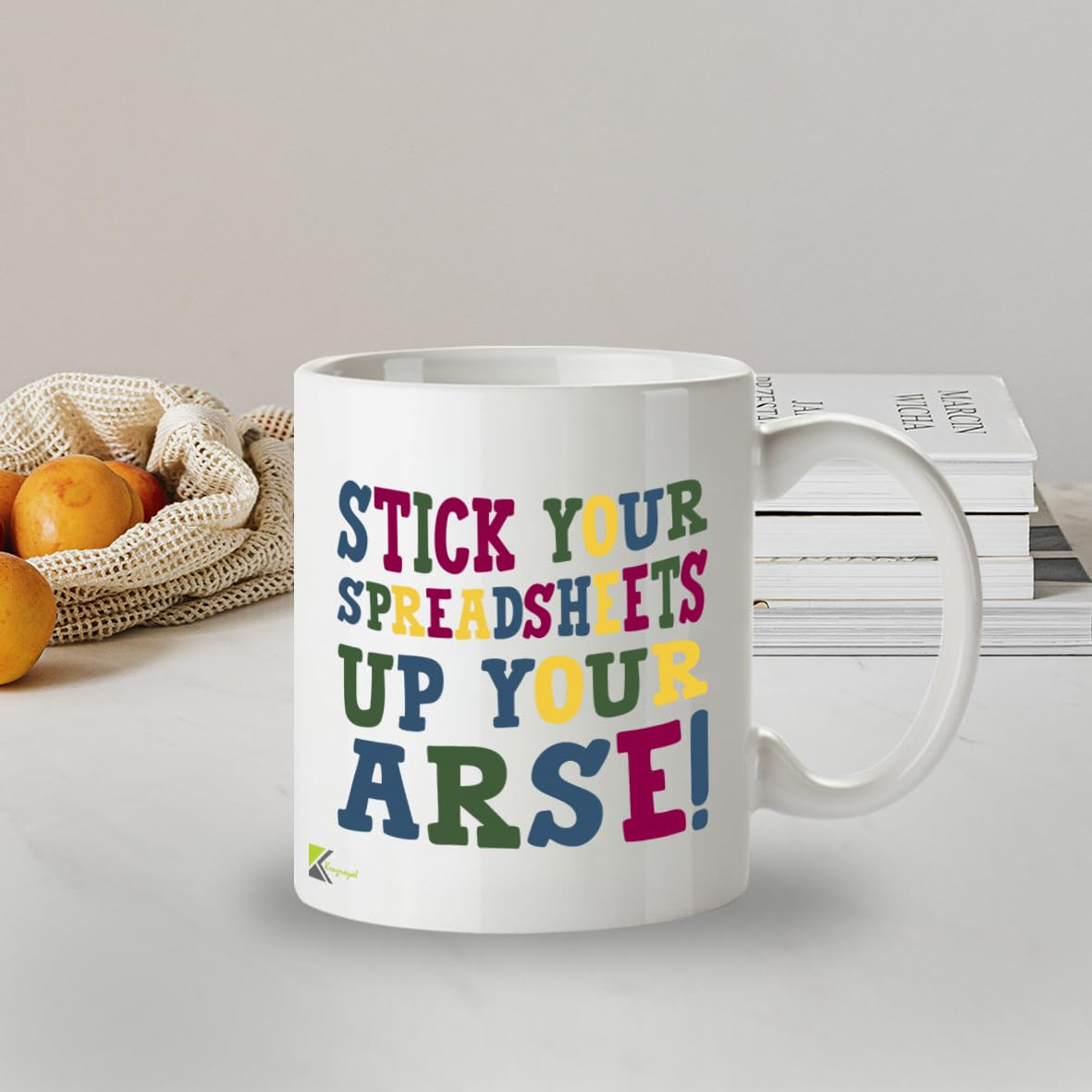 Kruzroyal Rude Office Mug, Stick Your Spreadsheets Up Your A*se Design, Funny Novelty Gift for Accountant, Colleague or Boss, White Ceramic Coffee Tea Cup, 11 oz DZ123