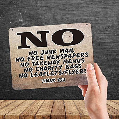Kruzroyal MP301 No Junk Mail,No Free Newspapers,No Takeaway Menus,No charity bags,no leaflets/flyers Thank you Funny Novelty Retro Vintage Metal Wall Sign Plaque 20cm x 15cm