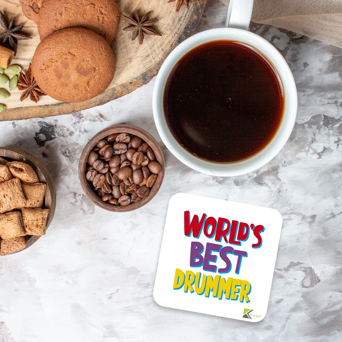 WB020 World's Best Drummer MDF Wooden Coaster by Kruzroyal | Gift for Drummer | Unique Novelty Present | 9cm x 9cm | Coffee Tea MDF Wooden Coaster