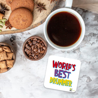 WB020 World's Best Drummer MDF Wooden Coaster by Kruzroyal | Gift for Drummer | Unique Novelty Present | 9cm x 9cm | Coffee Tea MDF Wooden Coaster