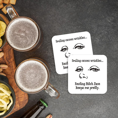 CS505 Smiling Causes Wrinkles... Resting Bitch face Keeps me Pretty. Novelty Funny Coffee Tea Drink Gift Glossy MDF Wooden Coaster