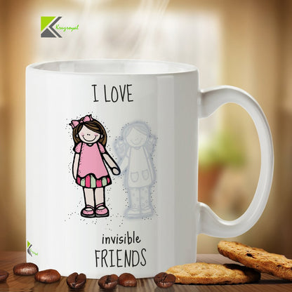 Kruzroyal Funny Invisible Friends Mug, Quirky Cartoon Illustration Design, Novelty Gag Gift for Kids, Introverts or Coworkers, White Ceramic Coffee Cup, 11 oz