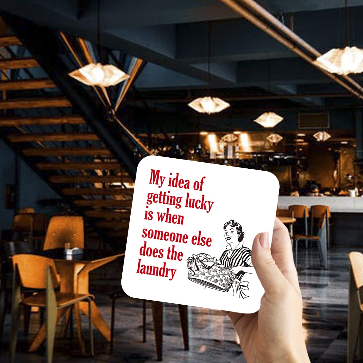 CS584 My idea of getting lucky is when someone else does the laundry Novelty Funny Coffee Tea Drink Gift Glossy MDF Wooden Coaster
