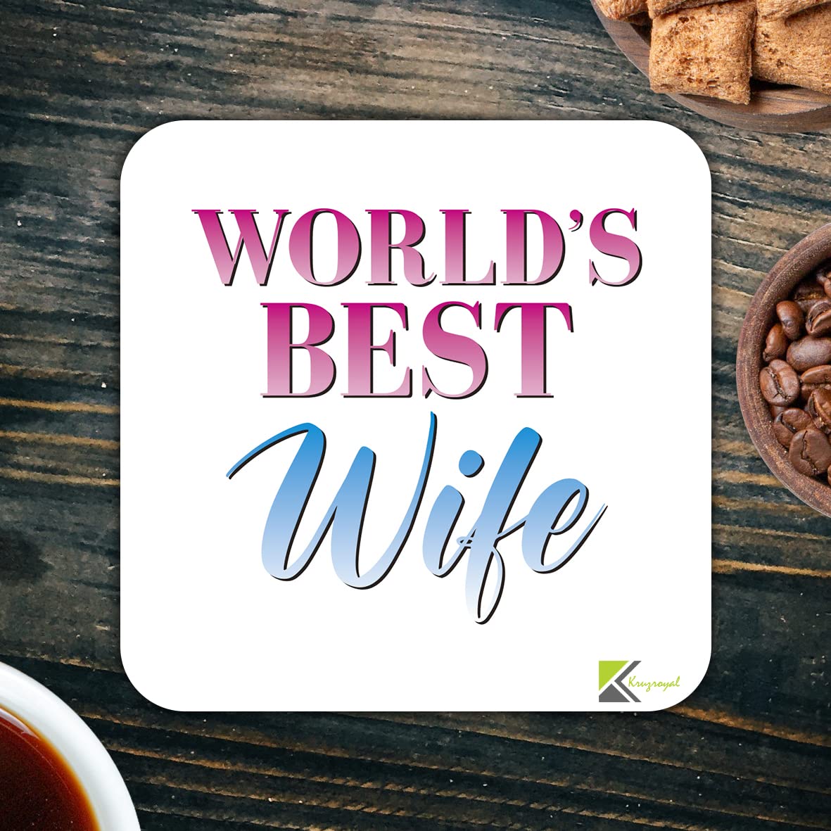 WB046 World's Best Wife MDF Wooden Coaster by Kruzroyal | Gift for Wife | Unique Novelty Present | 9cm x 9cm | Coffee Tea MDF Wooden Coaster
