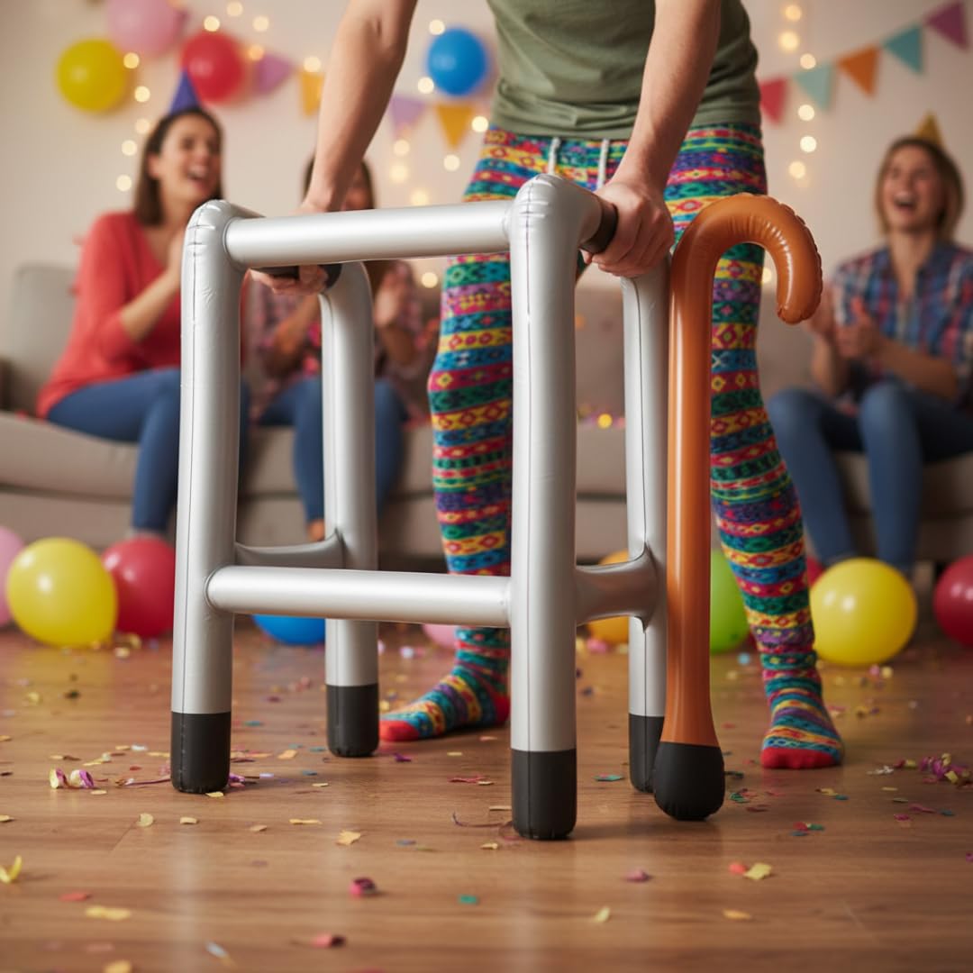 Inflatable Zimmer Frame and Walking Stick Set - Blow Up Walking Frame - Funny Retirement Party Prop, Fancy Dress Gag Joke Toy, Inflatable Zimmer Joke Gift