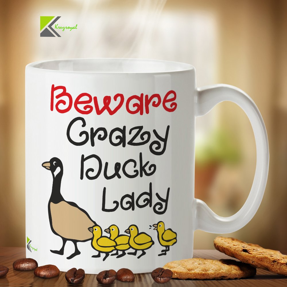 Kruzroyal Funny Duck Lady Mug, Beware Crazy Duck Lady Design, Novelty Gift for Bird Lover, Mum or Friend, White Ceramic Coffee Cup, 11 oz DZ147