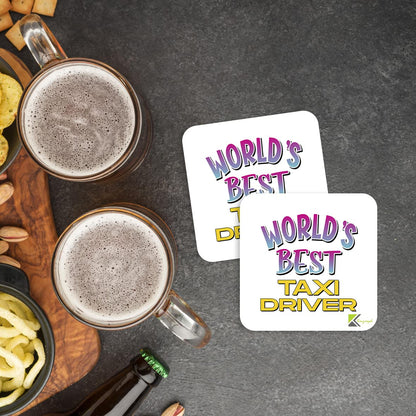 WB093 World's Best Taxi Driver MDF Wooden Coaster by Kruzroyal | Gift for Taxi Driver| Unique Novelty Present | 9cm x 9cm | Coffee Tea MDF Wooden Coaster