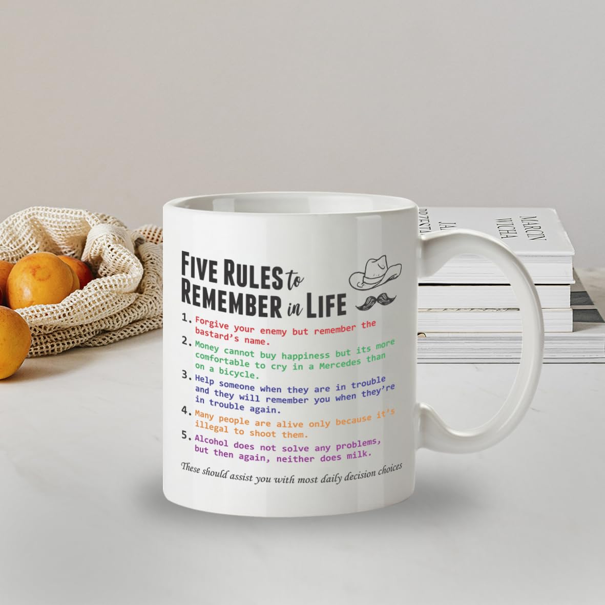DZ497 Five rules to remember in life Funny Novelty Gift Idea 11OZ Coffee Tea Mug | Sarcastic Gift for Men Dad Grandad | Cynical Wisdom Novelty Coffee Cup Birthday Father's Day Present for Him 11oz