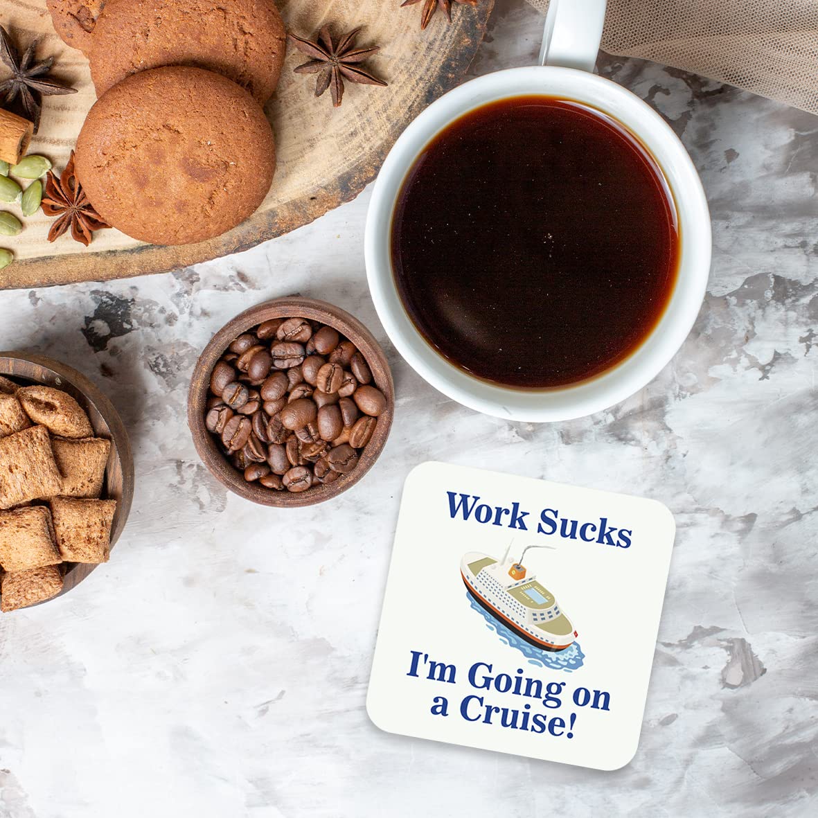 CS643 Work Sucks: I'm going on a cruise! Novelty Funny Coffee Tea Drink Glossy MDF Wooden Coaster | Novelty Wooden Mug Mat - Humorous Gift for Colleague, Friend - Leaving, Retirement, Holiday Present