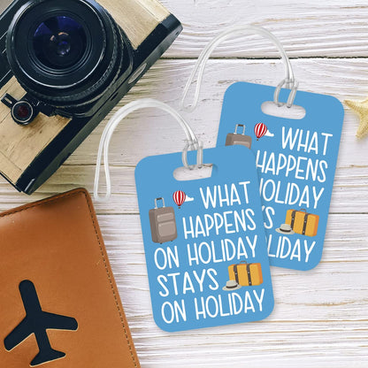 LT083 What Happens on Holiday Stays on Holiday Novelty Funny Unique Designer Gift Glossy Plastic Suitcase Luggage Tag