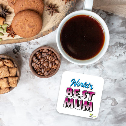 WB014 World's Best Mum MDF Wooden Coaster by Kruzroyal | Gift for Mum| Unique Novelty Present | 9cm x 9cm | Coffee Tea MDF Wooden Coaster