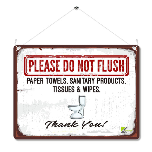 Kruzroyal Please Do Not Flush Metal Wall Sign, Sanitary Products Tissues Wipes Novelty Plaque Gift, Humorous Retro Vintage Tin Decor for Office Toilet or Loo, 20x15cm with Hanging String