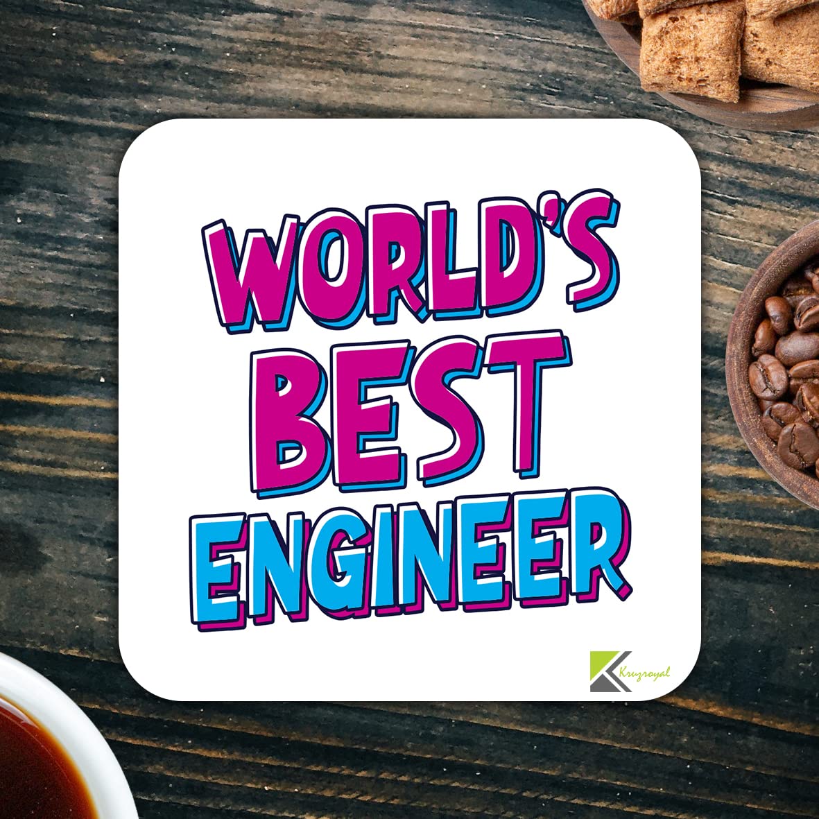 WB002 World's Best Engineer MDF Wooden Coaster by Kruzroyal | Gift for Engineer | Unique Novelty Present | 9cm x 9cm | Coffee Tea MDF Wooden Coaster