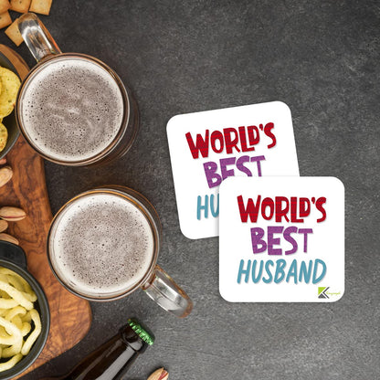 WB045 World's Best Husband MDF Wooden Coaster by Kruzroyal | Gift for Husband | Unique Novelty Present | 9cm x 9cm | Coffee Tea MDF Wooden Coaster