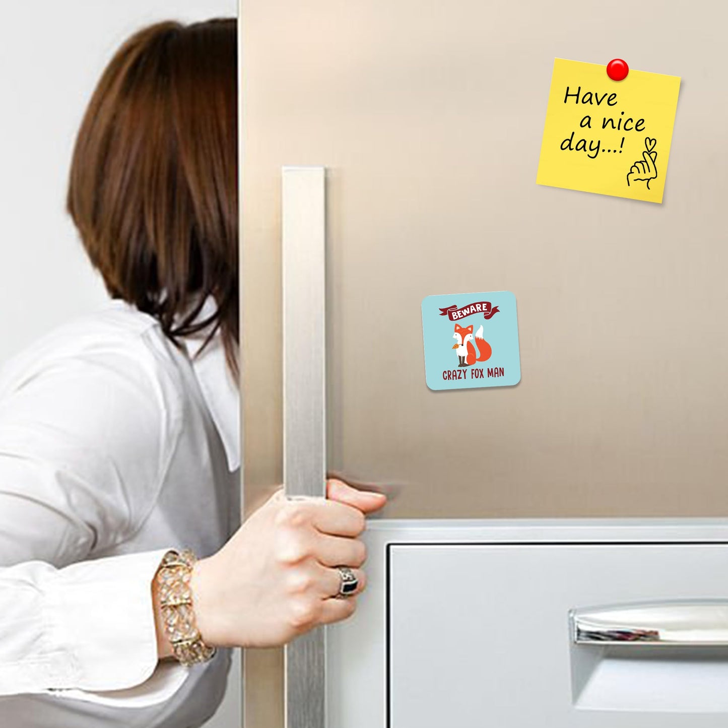 FM025 Beware Crazy Fox Man Novelty Funny Idea Glossy Metal Square Fridge Magnet