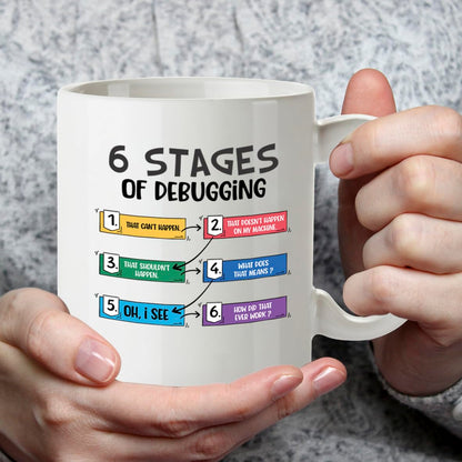 Kruzroyal Funny Programmer Mug 6 Stages of Debugging - 11oz Ceramic Coffee Tea Cup Gift for Developers Coders Software Engineers - Dishwasher Microwave Safe Tech Novelty Present
