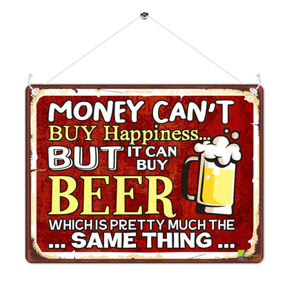 Kruzroyal MP427 Money can't buy happiness... But it can buy beer which is pretty much the same thing... Funny Novelty Retro Vintage Metal Wall Sign Plaque 20cm x 15cm