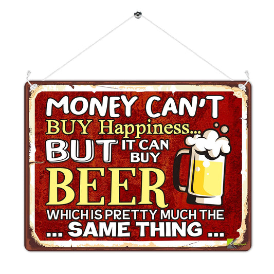 Kruzroyal MP427 Money can't buy happiness... But it can buy beer which is pretty much the same thing... Funny Novelty Retro Vintage Metal Wall Sign Plaque 20cm x 15cm