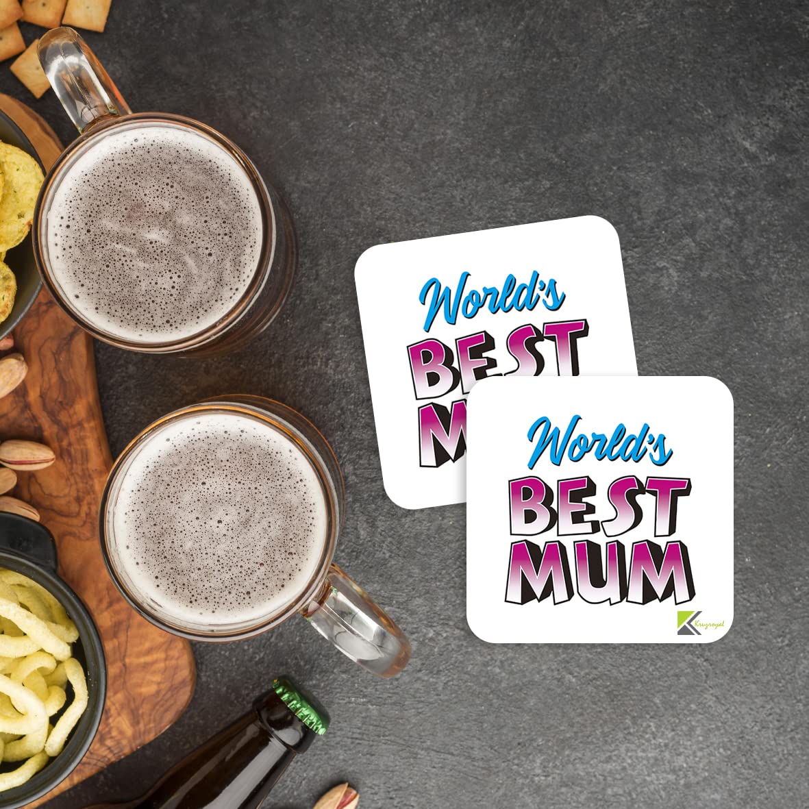 WB014 World's Best Mum MDF Wooden Coaster by Kruzroyal | Gift for Mum| Unique Novelty Present | 9cm x 9cm | Coffee Tea MDF Wooden Coaster