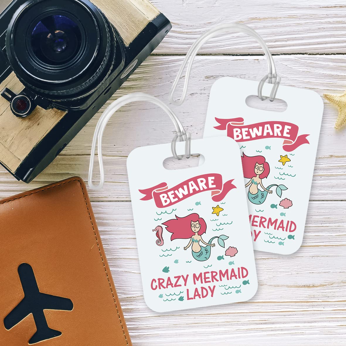 LT185 Beware Crazy Mermaid Lady Novelty Funny Unique Designer Gift Glossy Plastic Suitcase Luggage Tag