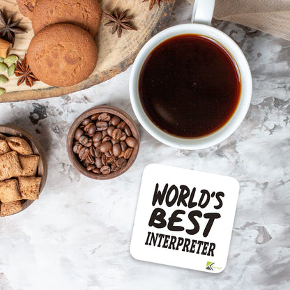 WB040 World's Best Interpreter MDF Wooden Coaster by Kruzroyal | Gift for Interpreter | Unique Novelty Present | 9cm x 9cm | Coffee Tea MDF Wooden Coaster