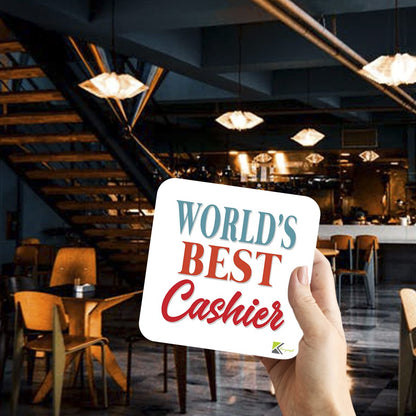 WB079 World's Best Cashier MDF Wooden Coaster by Kruzroyal | Gift for Cashier | Unique Novelty Present | 9cm x 9cm | Coffee Tea MDF Wooden Coaster