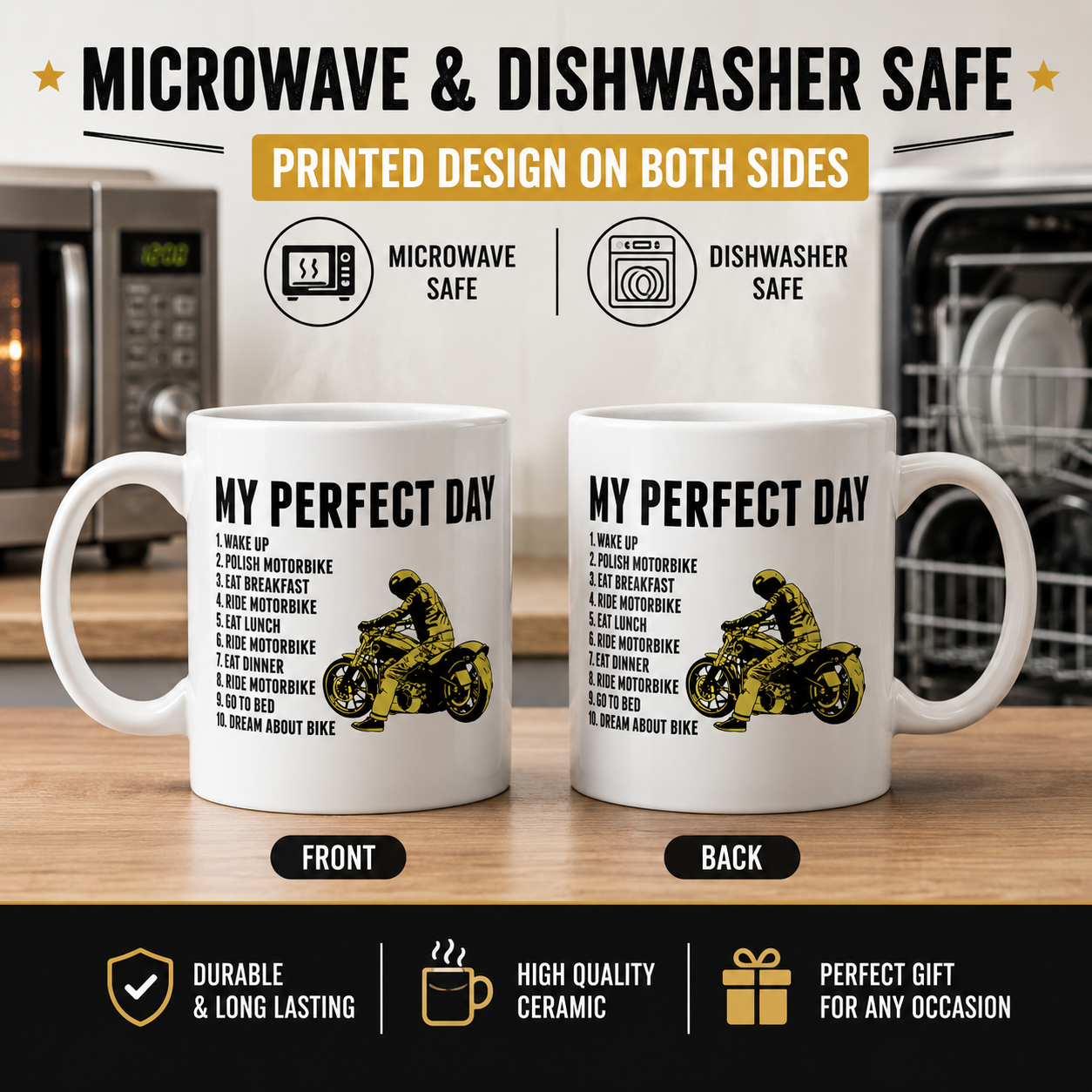 Funny Motorbike Mug – My Perfect Day Motorcycle Coffee Cup, Biker Gift for Men, Dad, Husband, Grandad & Bike Lovers, 11oz Ceramic Mug