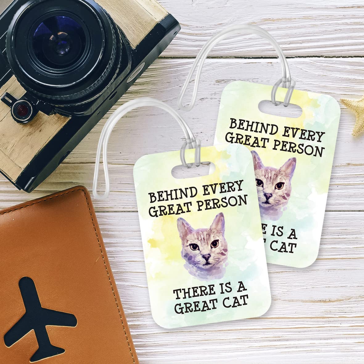 LT228 Behind Every Great Person There is A Great Cat Novelty Funny Unique Designer Gift Glossy Plastic Suitcase Luggage Tag