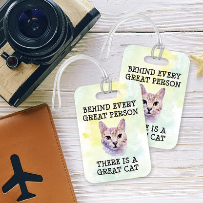 LT228 Behind Every Great Person There is A Great Cat Novelty Funny Unique Designer Gift Glossy Plastic Suitcase Luggage Tag