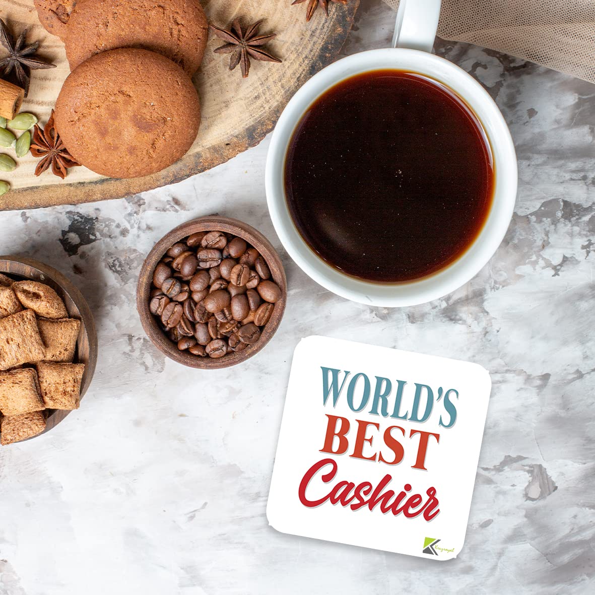 WB079 World's Best Cashier MDF Wooden Coaster by Kruzroyal | Gift for Cashier | Unique Novelty Present | 9cm x 9cm | Coffee Tea MDF Wooden Coaster