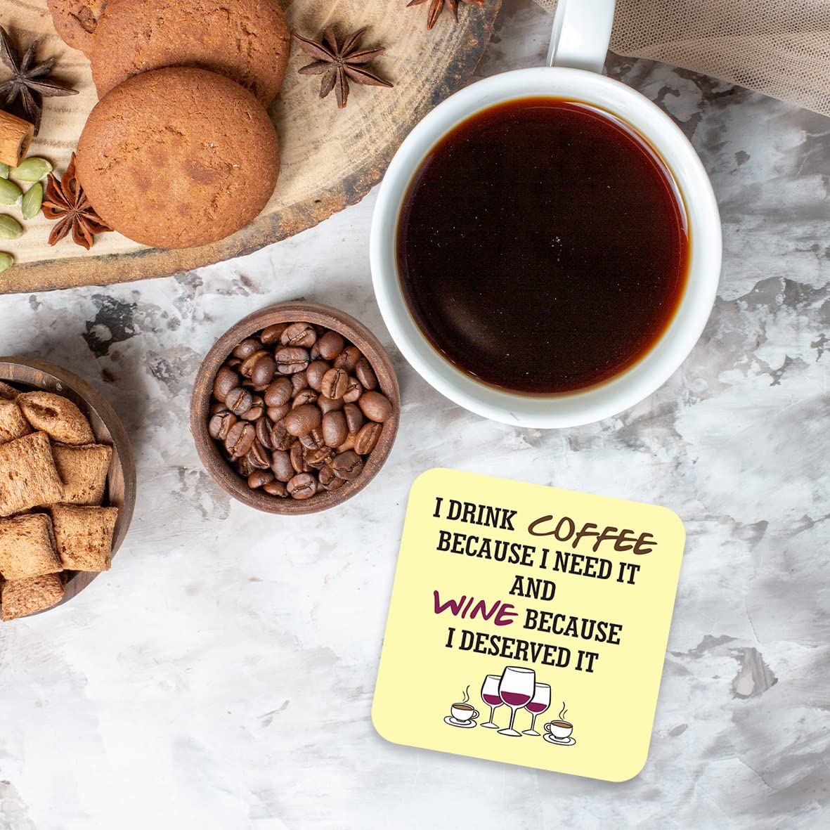 CS671 I Drink Coffee Because i Need it and Wine Because i Deserved it Novelty Funny Coffee Tea Drink Gift Glossy MDF Wooden Coaster