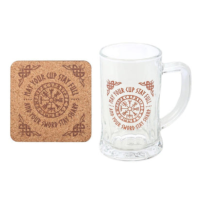 something different Glass Beer Tankard, 500ml, Clear, Vegvisir Compass Design, Viking Theme, Drinking, Gift, with Cork Coaster