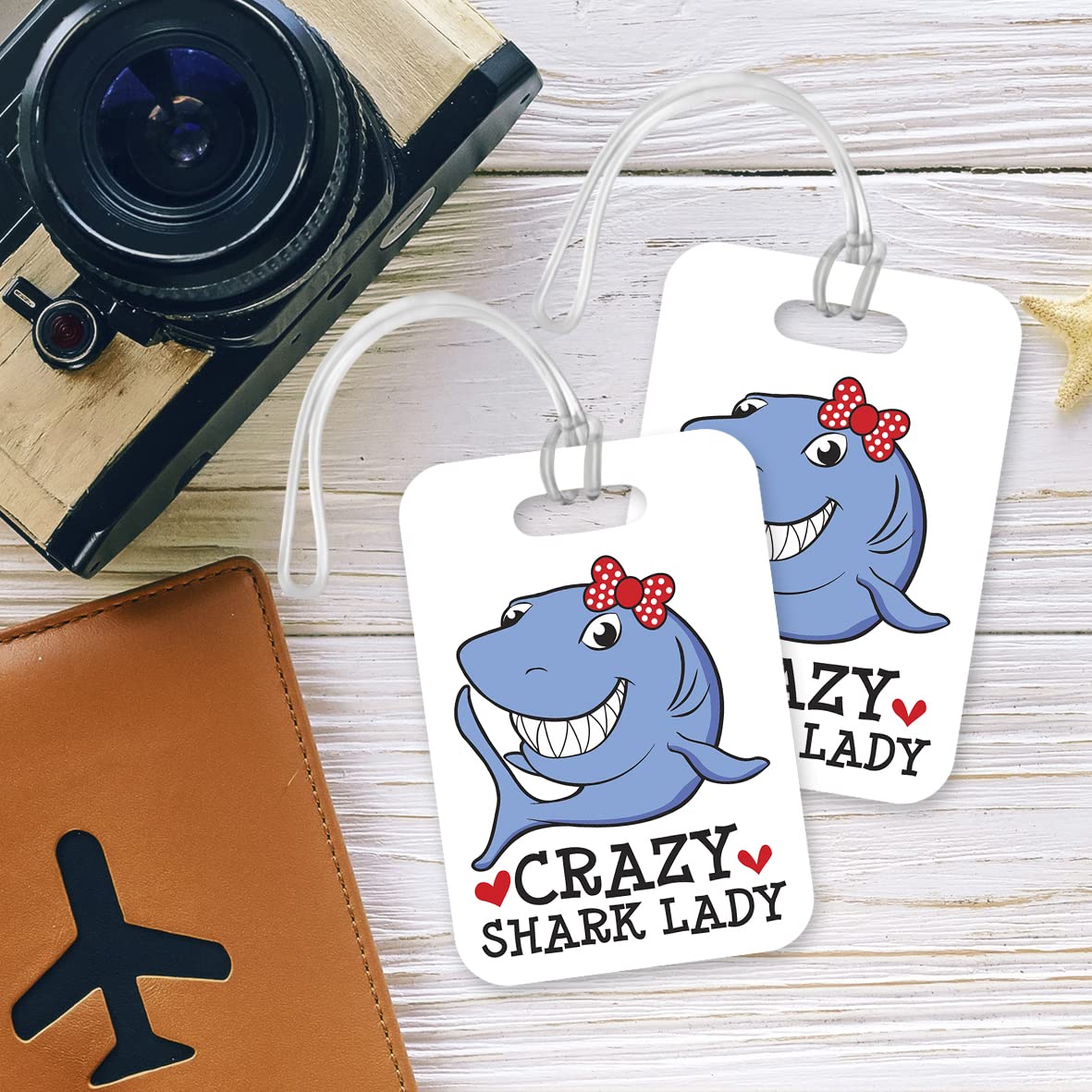 LT117 Crazy Shark Lady Novelty Funny Unique Designer Gift Glossy Plastic Suitcase Luggage Tag
